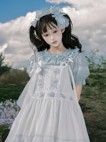 White & Blue Bow Shell Embroidered KC Headpiece - Yimu Walnut