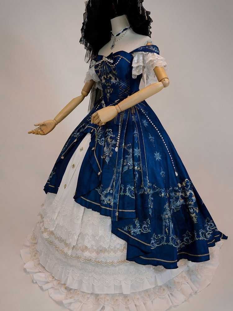 Dark Blue and White Boned Corset Bodice Gorgeous Printed Train Lolita Dress Full Set