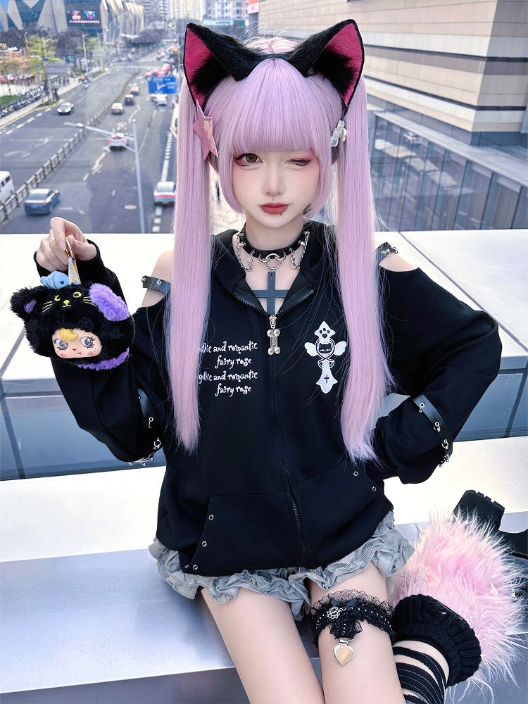 Clip Wig Pink Double Bangs Hair Short Ponytails Full with Claw
