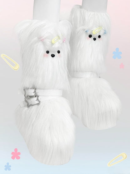 White Maltese Puppy Y2K Platform Furry Boots
