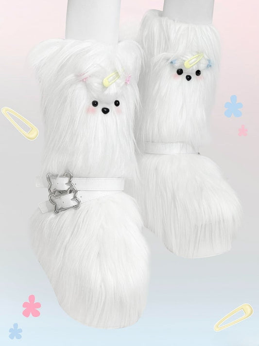 White Maltese Puppy Y2K Platform Furry Boots
