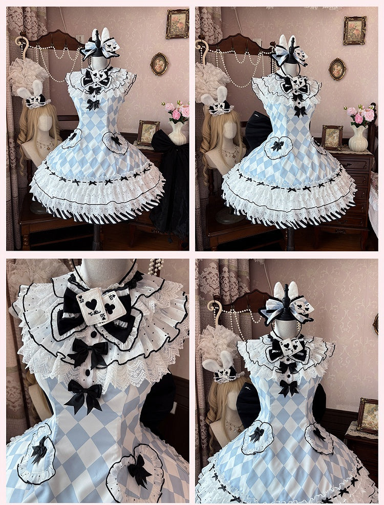 Lolita Dress OP Blue Diamond Pattern Sweet Alice in Wonderland Vibes