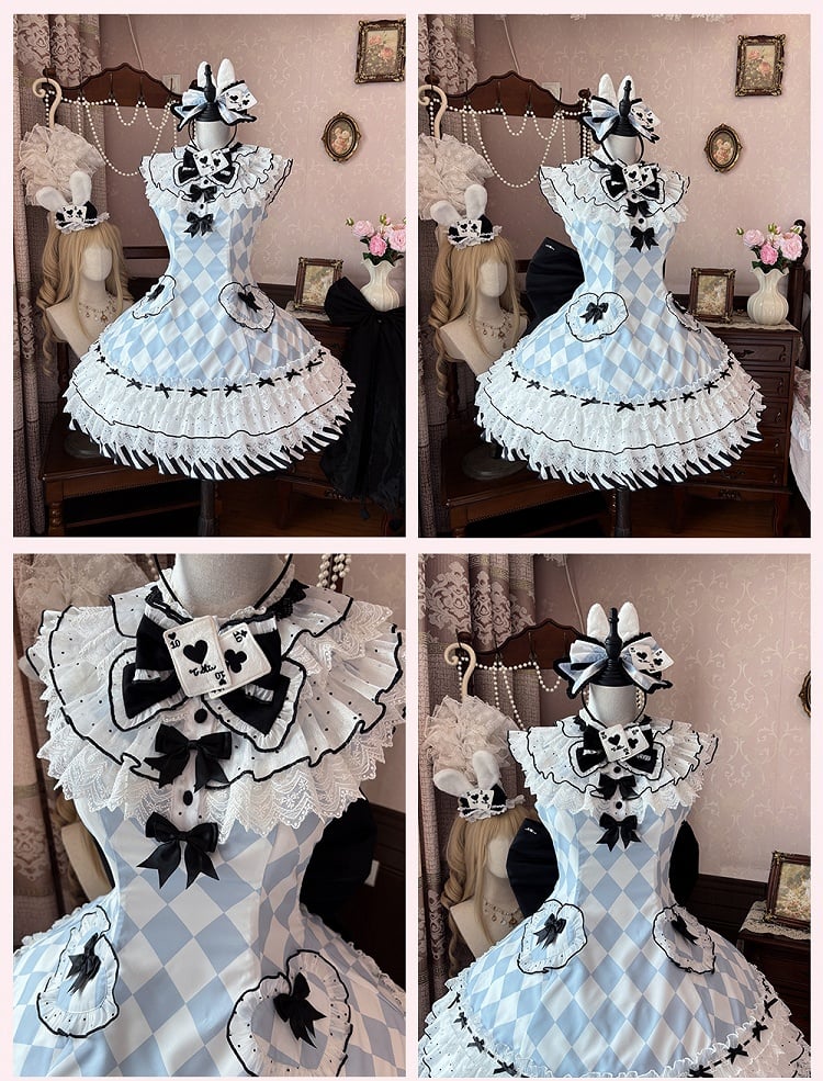 OP Alice im Wunderland Vibes Süßes Lolita-Kleid mit blauem Rautenmuster
