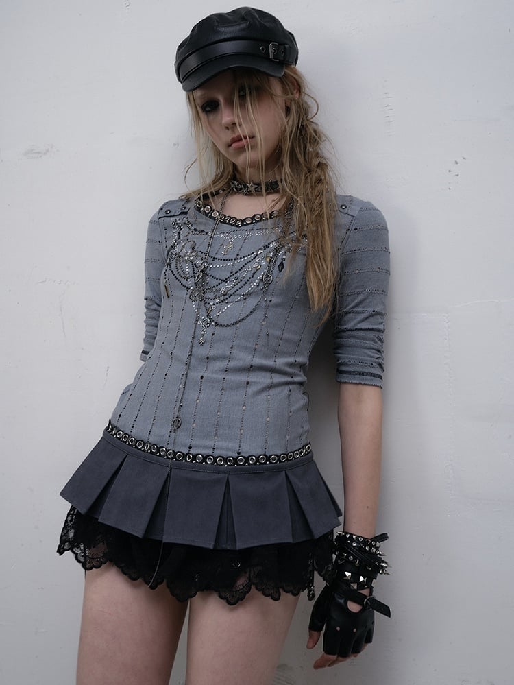Punk Skirt Mini Bowknot Pleat Decorated Lace Trim Box Pink/Blue Wasteland
