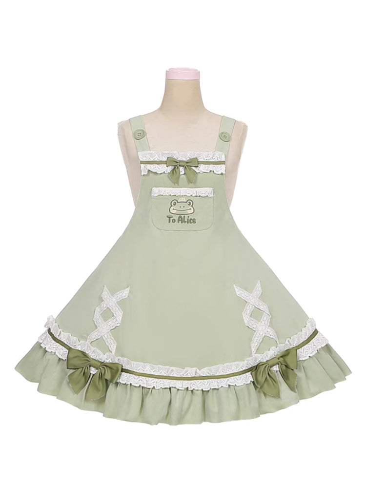 Light Green Frog Embroidery Lace Trim Overalls