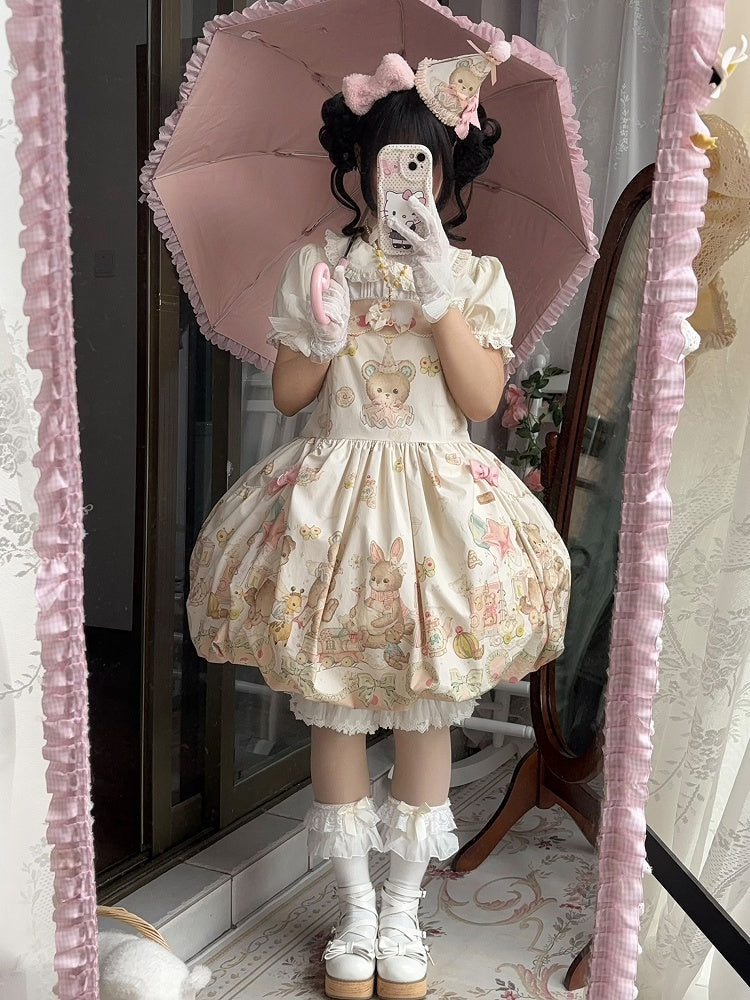 Print Overall Lolita Bubble Doll Sweet and Teddy Puppy Dress