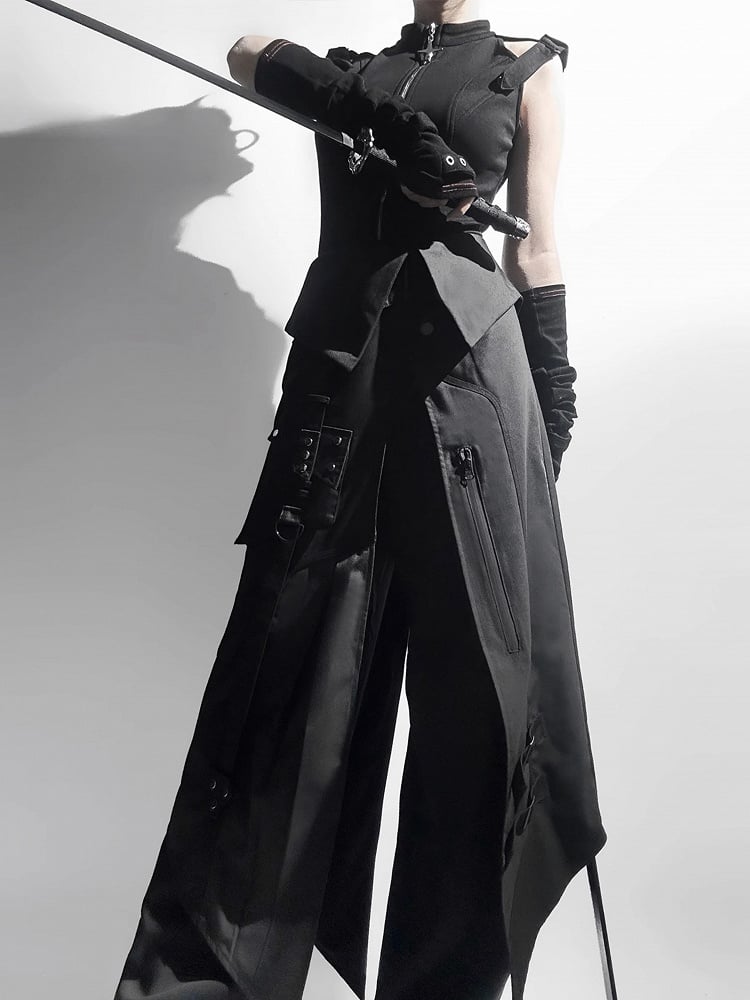 Schwarzes, ärmelloses Ouji Techwear-Oberteil mit All-Full-Fashion-Print – Gothic-Set
