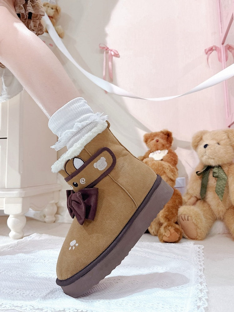 Winter Lolita Fleece Sweet Bear Ankle Brown Themed with Lining Boots