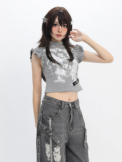 Gray White Flutter Sleeve Top with Angel Skeleton and Buckle - Catwish
