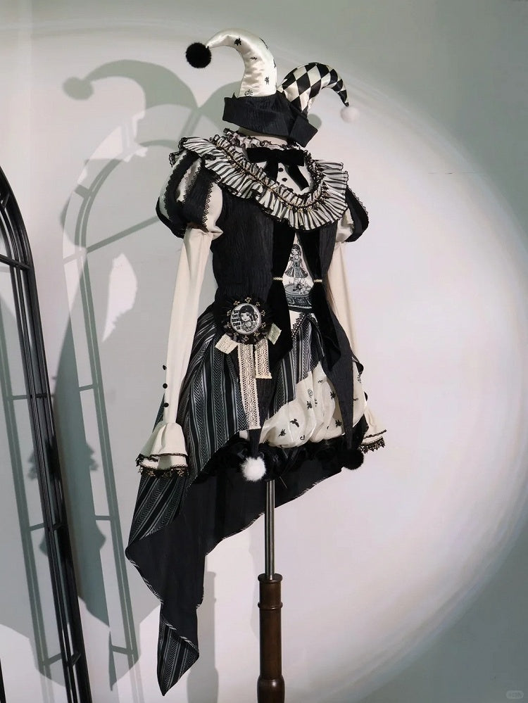 Sweet Accessories Top Skirt Clown Vibes White Sleeves Hi-lo and + Set- Black Puff Circus Full Lolita