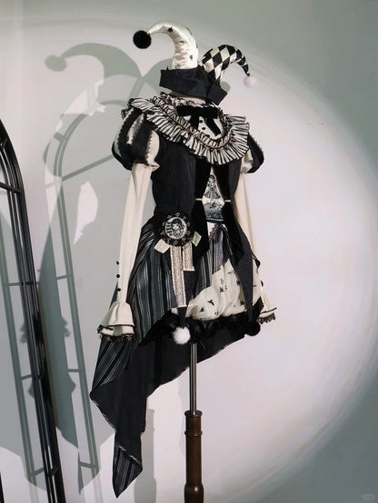 Sweet Accessories Top Skirt Clown Vibes White Sleeves Hi-lo and + Set- Black Puff Circus Full Lolita