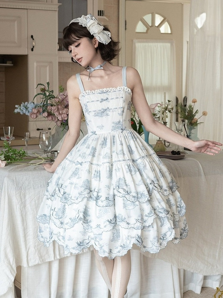 White & Blue Floral Embroidered Lolita Jumper Skirt with Detachable Belt - CEL