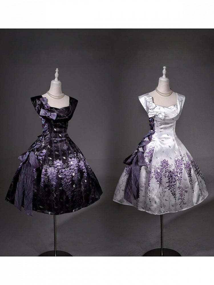 Elegant Satin Lolita Dress with Floral Print & Side Lace-Up Design in Black & Purple - Unknown Star