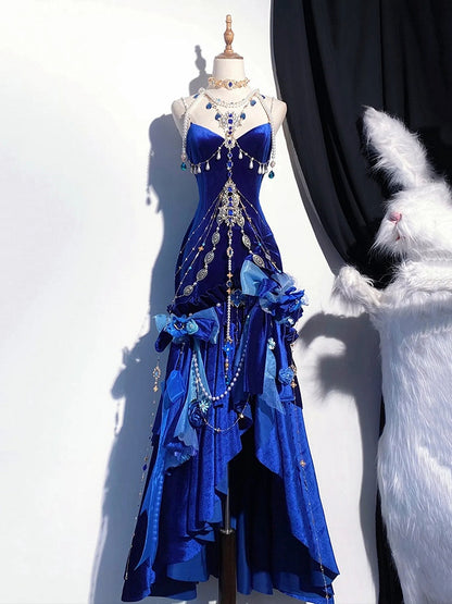 Deep Sea Blue Velvet Mermaid Skirt Backless Siren Prom Dress Evening Gown BE001