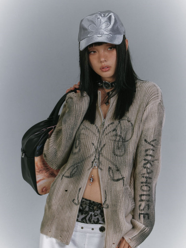 カーキのツーウェイジッププラケットダメージニットセーター、ウェイストランドパンク