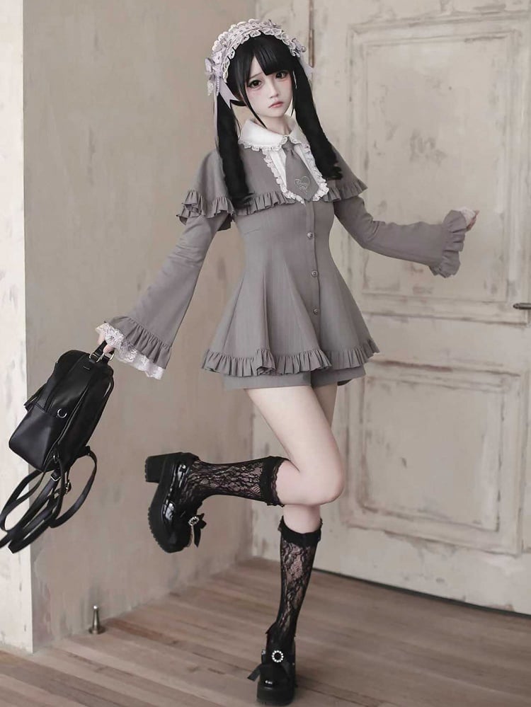 with Shorts Kei Tie Set: Jirai Bell-Sleeve Cape Detachable Mini Dress Gray Striped Matching