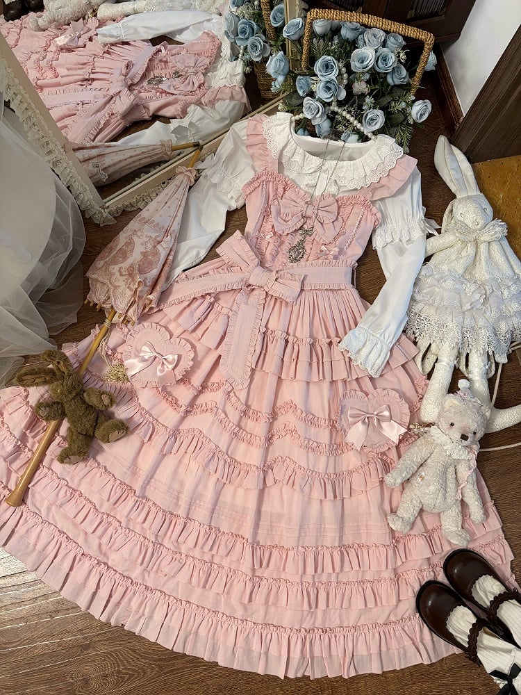 Sweet Multi-Layer Lolita Only JSK Dress Bow + Ruffle Hairband Pink / Detail Belt with