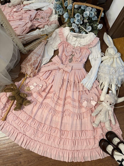 Sweet Multi-Layer Lolita Only JSK Dress Bow + Ruffle Hairband Pink / Detail Belt with
