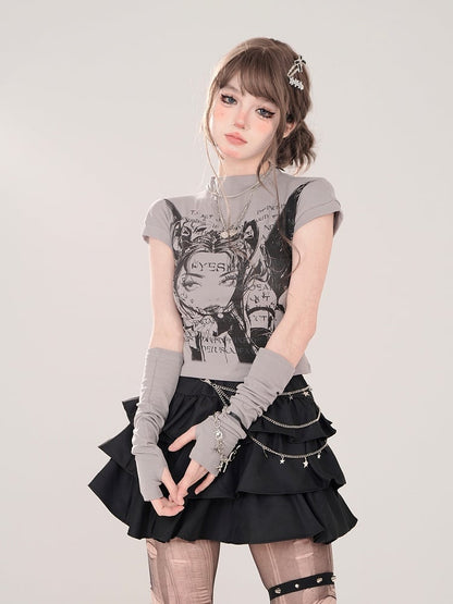 Charakterdruck und passendes fingerloses graues T-Shirt mit Stehkragen und Manga-Handschuhen