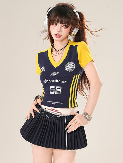 Vネックのビタースイートブルー/ピンクの文字Tシャツプリントナンバー