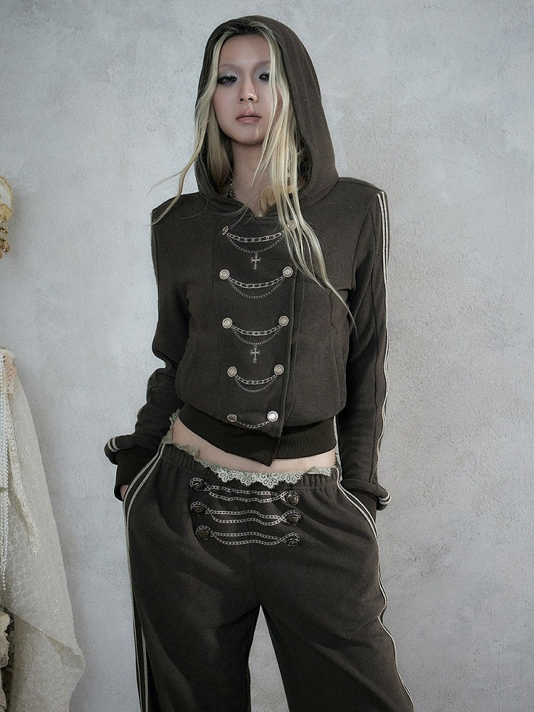 Khaki Green Double-Breasted Hooded Jacket with Chain Embroidery Details, Punk Fashion - NO ROMANCE