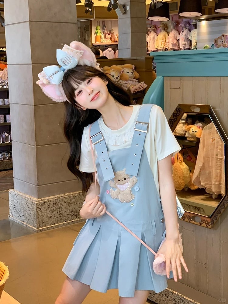 Adjustable Plush Bear Applique Blue Box Pleat Overall Dress Straps Shoulder