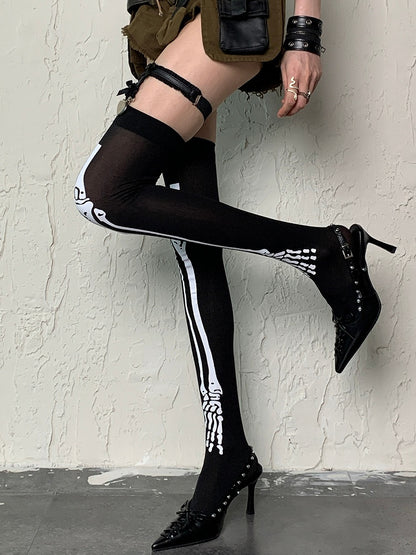 Over-knee Print Black Stockings Y2K Bone