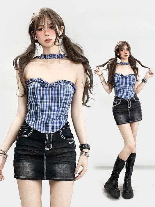 Y2K Top Plaid Neck WhiteBlue Pattern Glamorous Halter