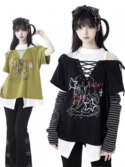 グラフィックTシャツ ネックライン フェイクツーピース グリーン/ブラック カットアウトショルダー レースアップ