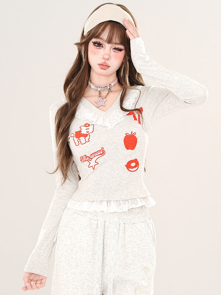 Schwarz/Graues Cartoon-Top mit V-Ausschnitt und Spitzenbesatz