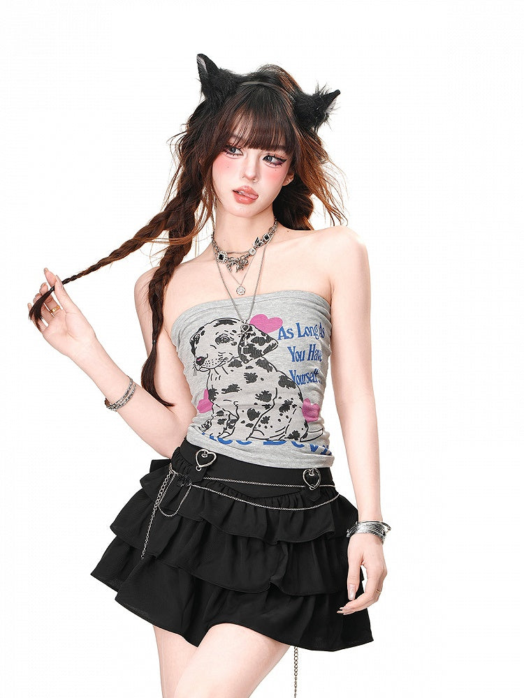 Glamouröses trägerloses Top mit gepunktetem Hundedruck und Patchwork-Design auf der Rückseite in Grau/Blau