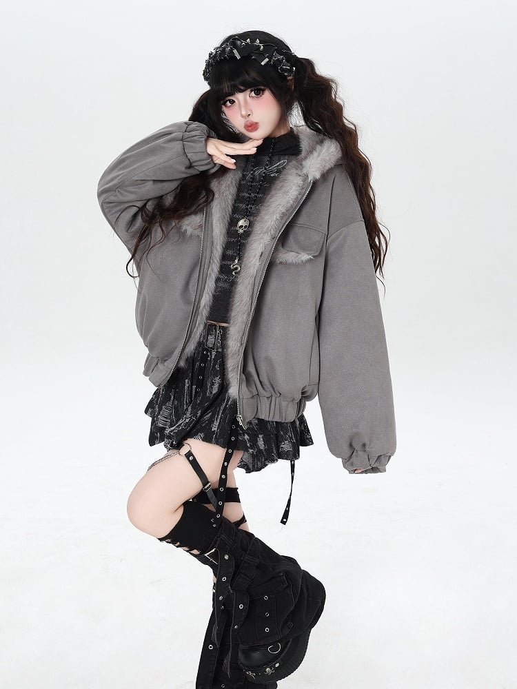 Jacket Ears Pattern Padded Fur Lettering Rabbit with Hooded