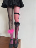Asymmetrische schwarze Unterknee-Strumpfhose mit floraler Schleife/rosa Netzsocken/schwarze Strümpfe, Musterdesign, Federrosa