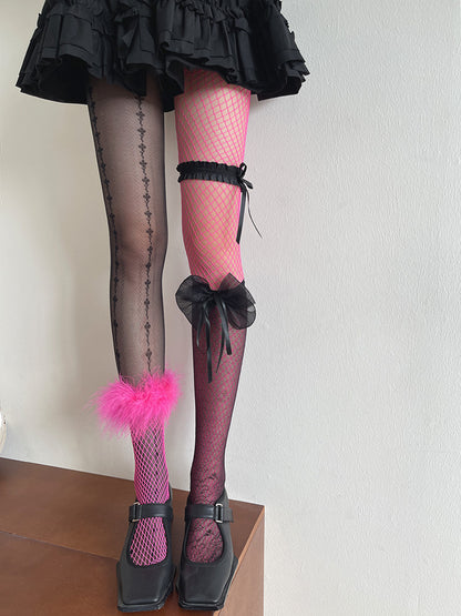Asymmetrical Floral Bowknot Black Underknee Tights/Pink Fishnet Socks/Black Stockings Pattern Design Feather Pink