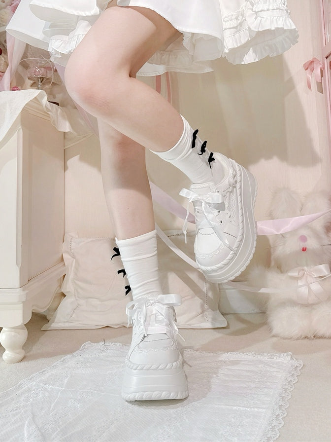 Buttercream White Kawaii Platform Lace-Up Edging Sneakers Classic - Ruffle