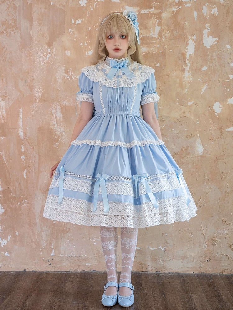 Dress Cotton Old Sleeves Edward Blue Neck Short Lolita OP Set School