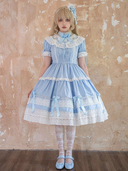 Dress Cotton Old Sleeves Edward Blue Neck Short Lolita OP Set School