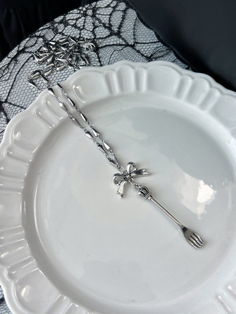 Silver Bow Necklace with Cutlery Pendant in Three Options - Vivian's Diary