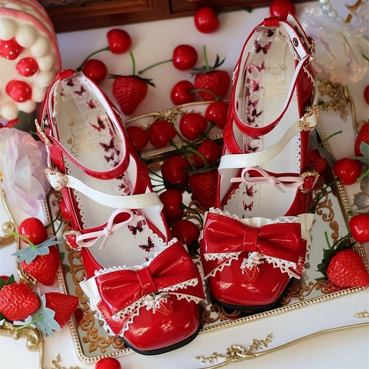 Crisscross Bow Janes Design Charm Square Sweet Toe Red Strawberry - Snap Mary Lolita with Top Heart