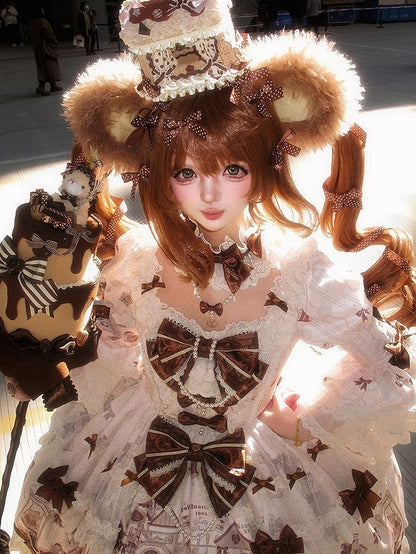 with Beige Print Sweet Bear Hem Bow Dress Brown Sleeves and Lace Little Accents Bell Lolita