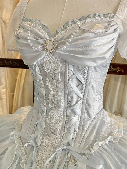 Blue Sweetheart Neckline Boning Corset Ribbon Bow OP Dress - Iris fleur