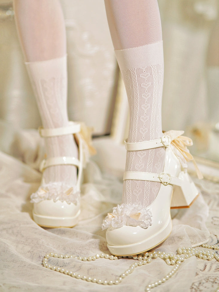 Buckles Trim Heart White Heels Bow at Lace High Top Knotted Block