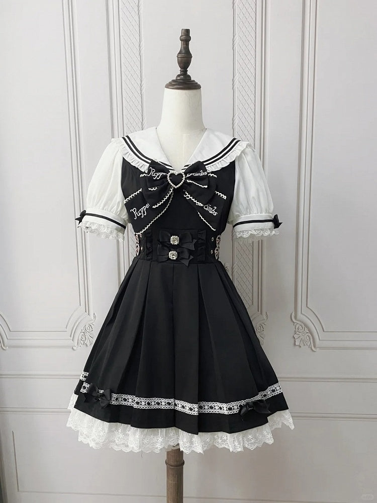 Heart Pink Sailor Collar Jirai Kei Dress Black/Light Back Bow with Self-tie Buckles