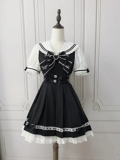 Heart Pink Sailor Collar Jirai Kei Dress Black/Light Back Bow with Self-tie Buckles