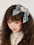Hairclip Sweet Bear Patch Lolita Plaid with Blue Bow