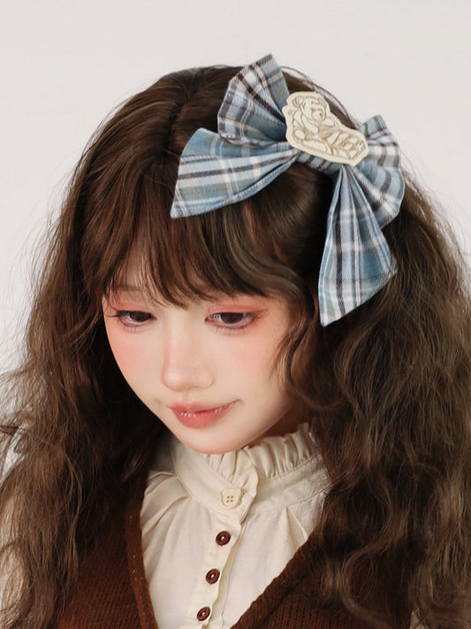Hairclip Sweet Bear Patch Lolita Plaid with Blue Bow