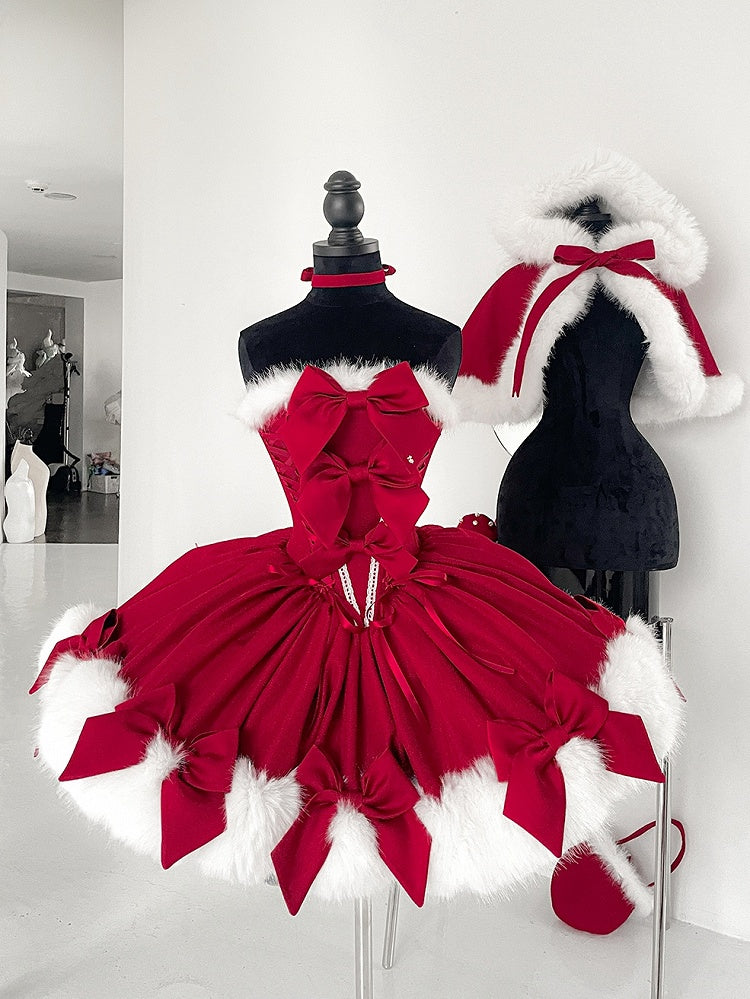 Red Christmas Bows Decorated Plush Neckline and Hemline Boning Dress + Cape Full Set
