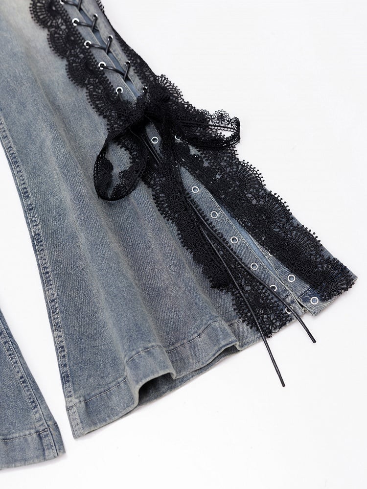 Trim Jeans Lace Blue Bittersweet Detail Flare Glamorous Side Silhouette Lace-up