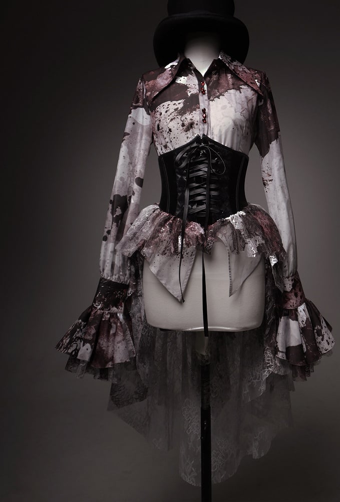 Print Black Red Bloodstain Gothic Lace Lolita Corset Boned with Train Belt