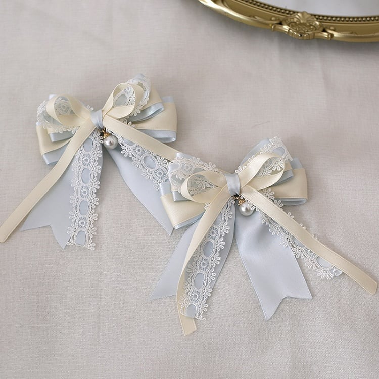 Lace Hairclip Charm Lolita With Elegant Light Blue Beige Bowknot Bead